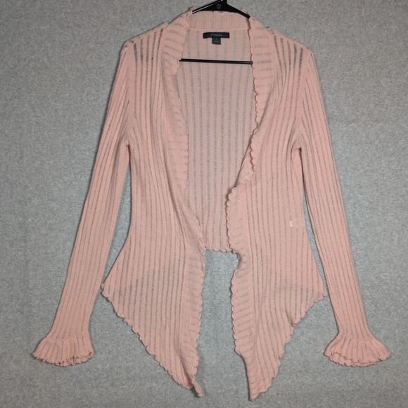 Express Sweaters - Express Cardigan Women Small Pink Ruffle Trim Vintage Shabby Chic Pastel Crochet